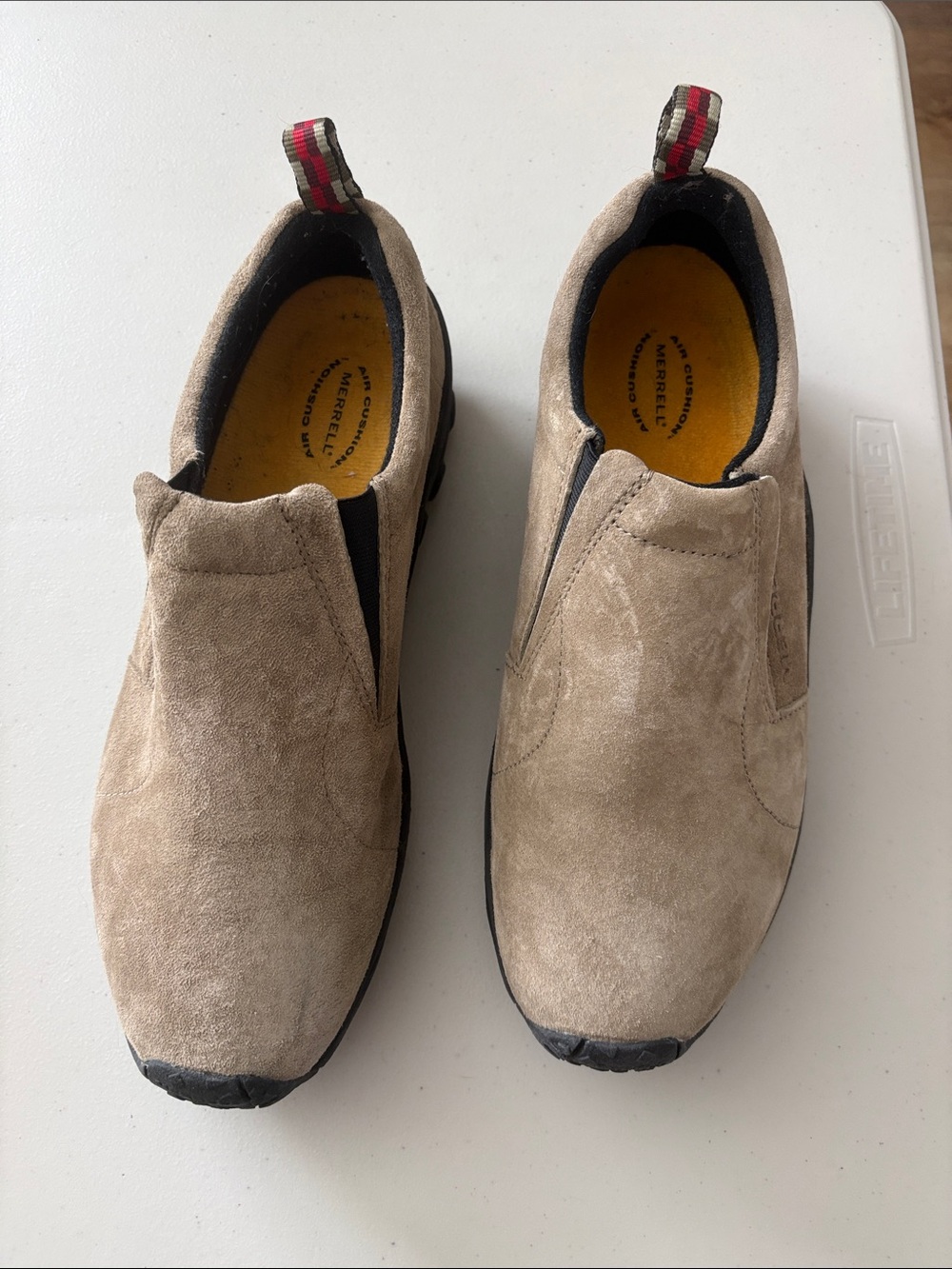 Merrell Men's Suede Slip-On Loafers in Tan with Black Soles